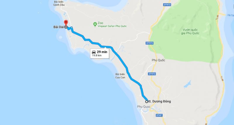 Trục đường DT45 (Dương Đông - Cửa Cạn) dẫn đến bãi Dài tại phía Tây Bắc đảo Ngọc