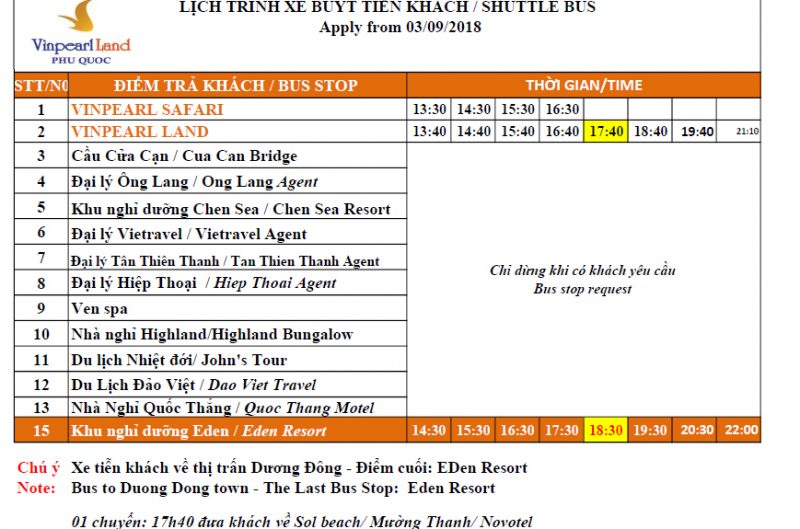 Lịch trình xe bus từ Vinpearl Bãi Dài về thị trấn Dương Đông