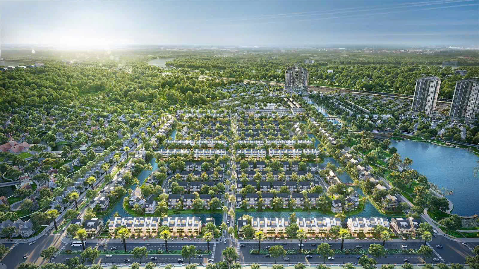 Trung tâm Eco Central Park – Hồ Thiên Nga, quảng trường ánh sáng và tiện ích đa năng bao quanh đảo xanh riêng tư.