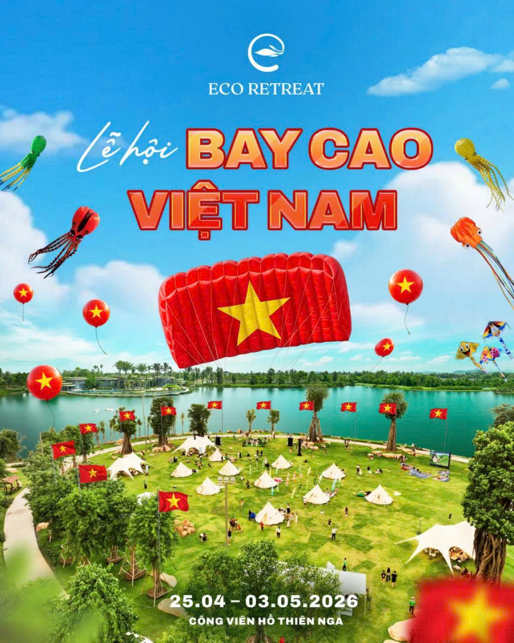 Hàng ngàn cánh diều rực rỡ phủ kín bầu trời Công viên Hồ Thiên Nga, mở ra không khí lễ hội sôi động tại Đại Tiệc Diều Eco Central Park dịp 30/4 - 1/5.