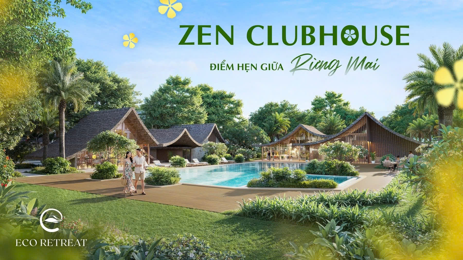 Phối cảnh Zen Clubhouse Rừng Mai – công trình tiện ích trung tâm của phân khu Mùa Lễ Hội Eco Retreat, nơi hội tụ các không gian chăm sóc sức khỏe và kết nối cộng đồng.