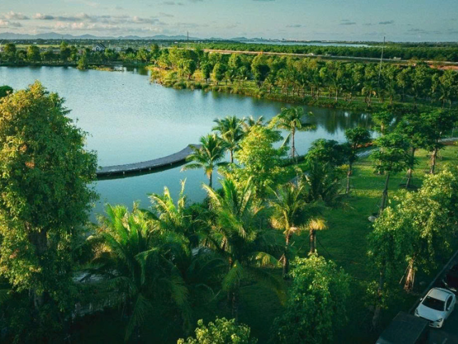 Khung cảnh Công viên Hồ Thiên Nga tại Eco Central Park trong thời điểm đẹp nhất từ 15h00 đến 20h00, khi hàng ngàn cánh diều cùng bay lên giữa bầu trời.