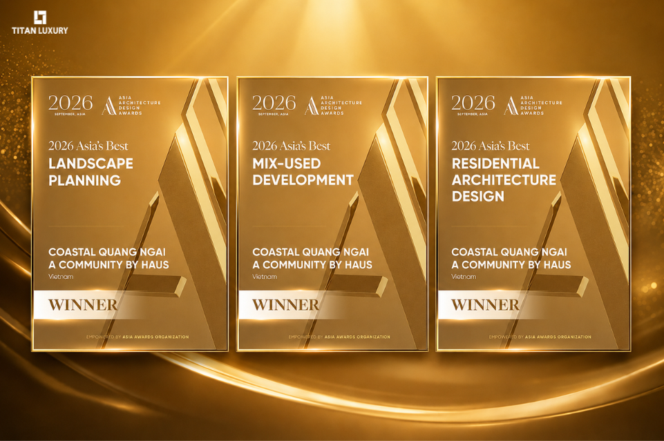 Ba hạng mục được vinh danh tại Asia Architecture Design Awards 2026 cho thấy năng lực phát triển toàn diện của Coastal Quảng Ngãi: từ cảnh quan, mô hình phức hợp đến thiết kế kiến trúc nhà ở.