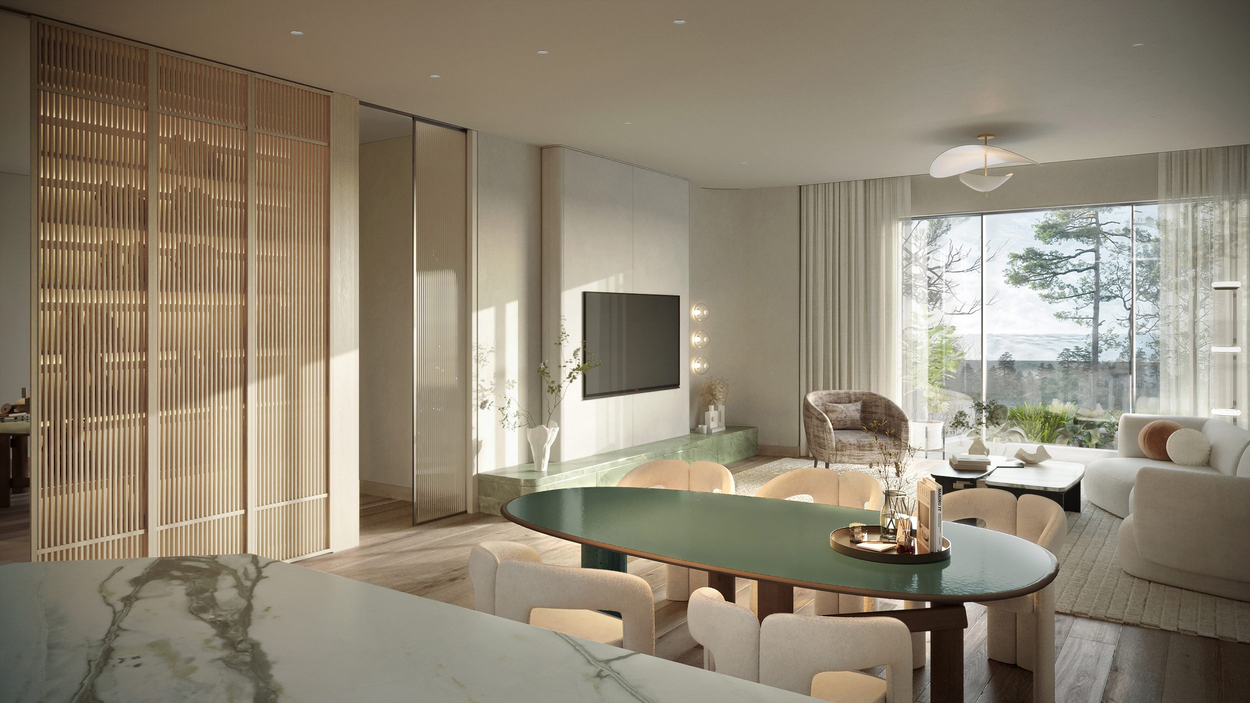 Dựa theo tư duy Á Đông, Sengu Table tại phòng khách căn hộ Sky Villa gợi lên sự kết nối, chia sẻ giữa các thành viên trong gia đình