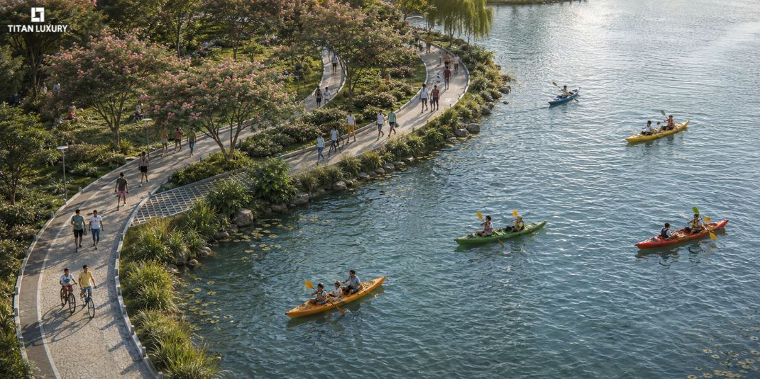 Không gian Công viên Hồ Thiên Nga tại Eco Retreat trở nên sôi động trong những hoạt động cuối tuần, nơi cư dân và gia đình có thể chèo kayak, dạo bộ và tận hưởng cảnh quan xanh ven hồ.