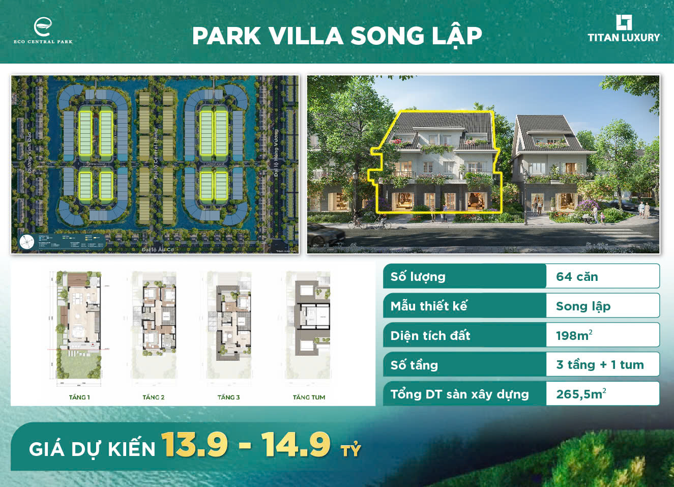 Park Villa song lập Central Island – Kết hợp không gian sống xanh và thiết kế tinh tế trong khu compound biệt lập.