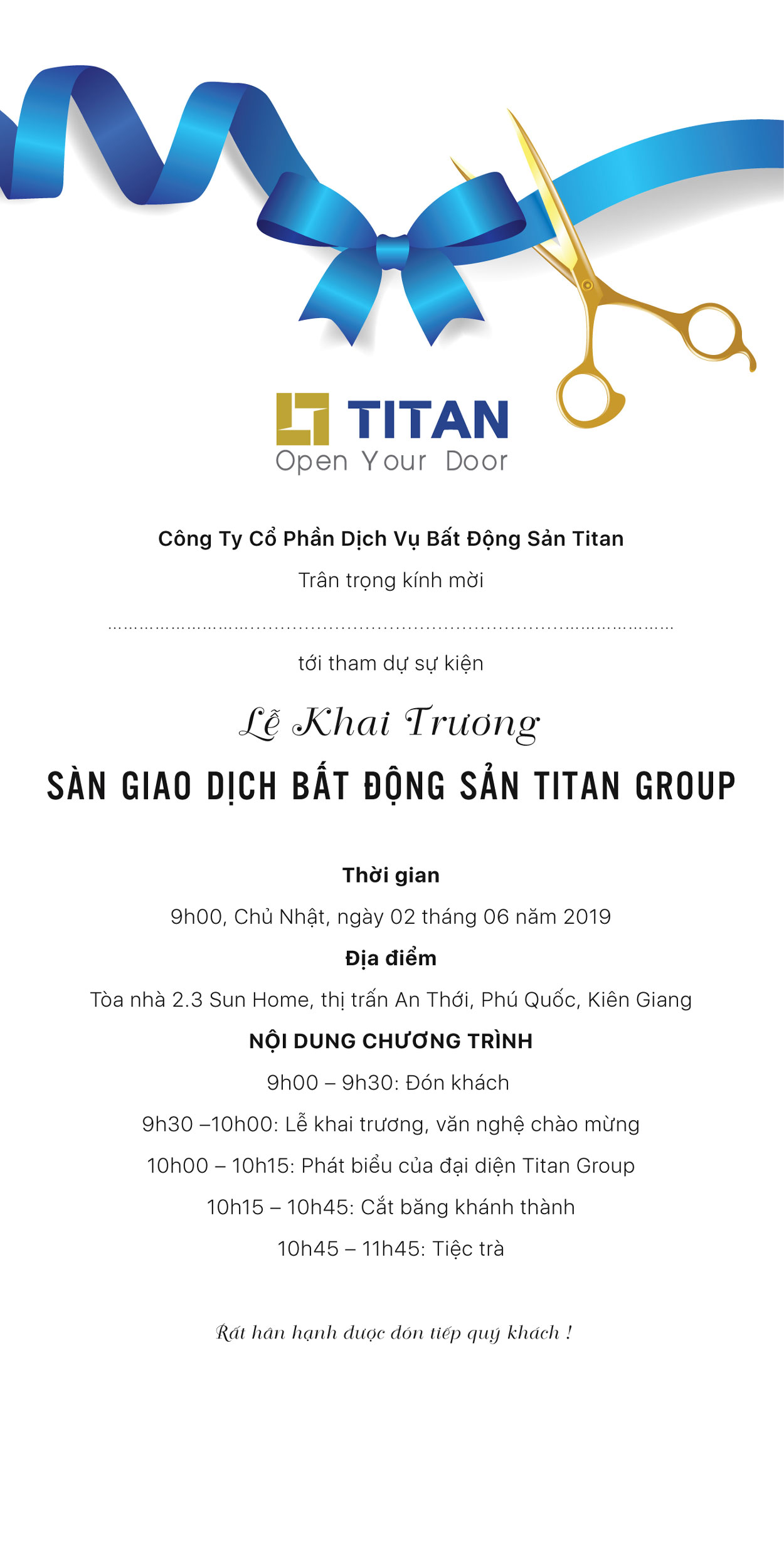 thư mời sự kiện Khai Trương Văn Phòng giao dịch bất động sản tại Phú Quốc 02/06/2019 - mặt sau