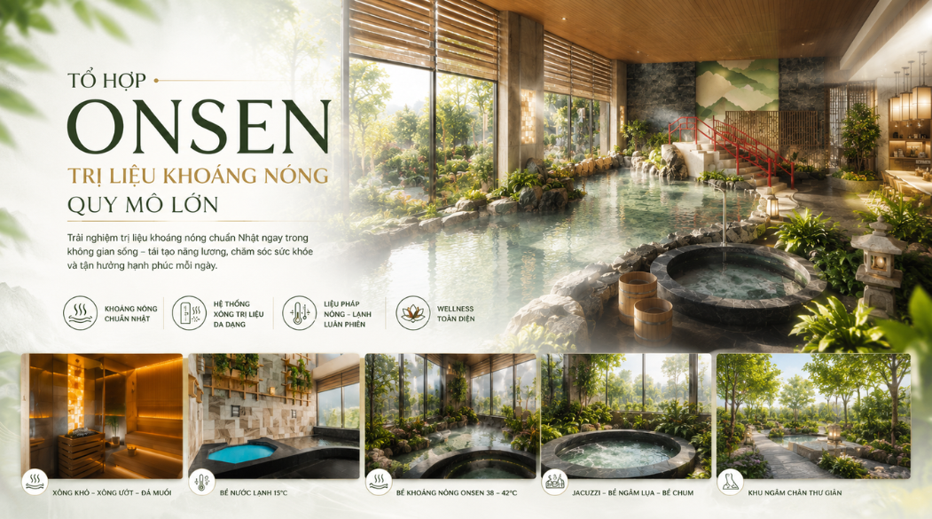 Không gian trị liệu khoáng nóng tại Forest Onsen được phát triển theo mô hình wellness chuẩn Nhật, nơi cư dân có thể tái tạo năng lượng và chăm sóc sức khỏe mỗi ngày ngay trong lòng Eco Retreat.