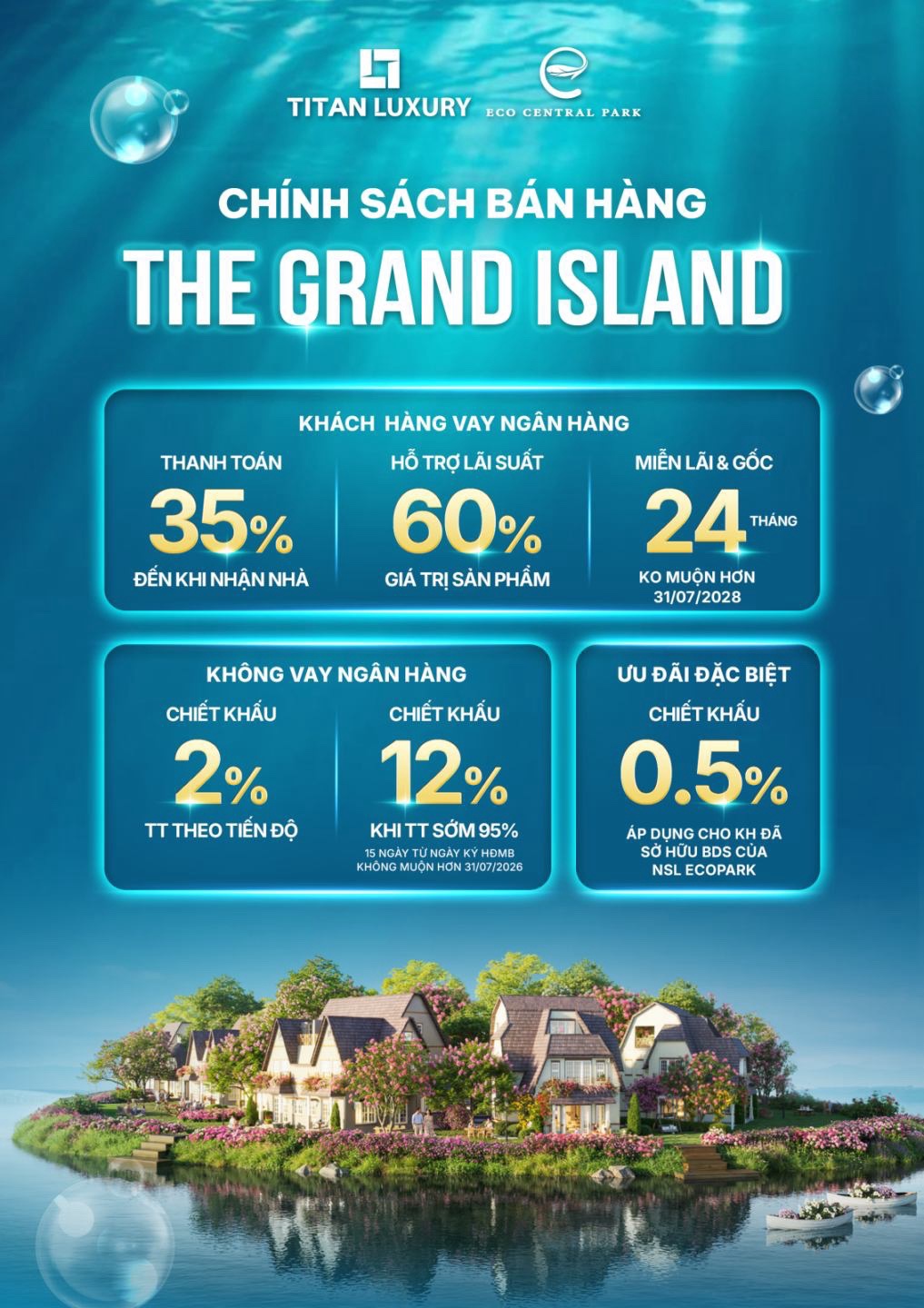 Cấu trúc chính sách bán hàng The Grand Island được thiết lập theo hướng linh hoạt và có tính toán, tạo điều kiện tiếp cận sớm nhưng vẫn đảm bảo sự chủ động tài chính trong dài hạn.