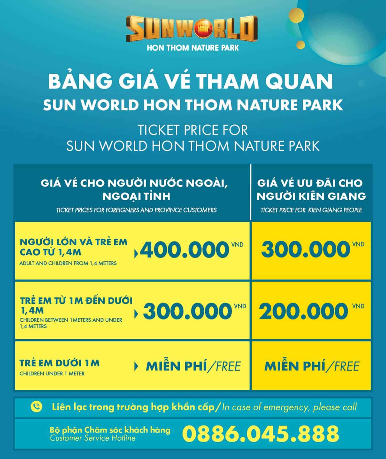 Giá vé tham quan Sun World Hòn Thơm Nature Park