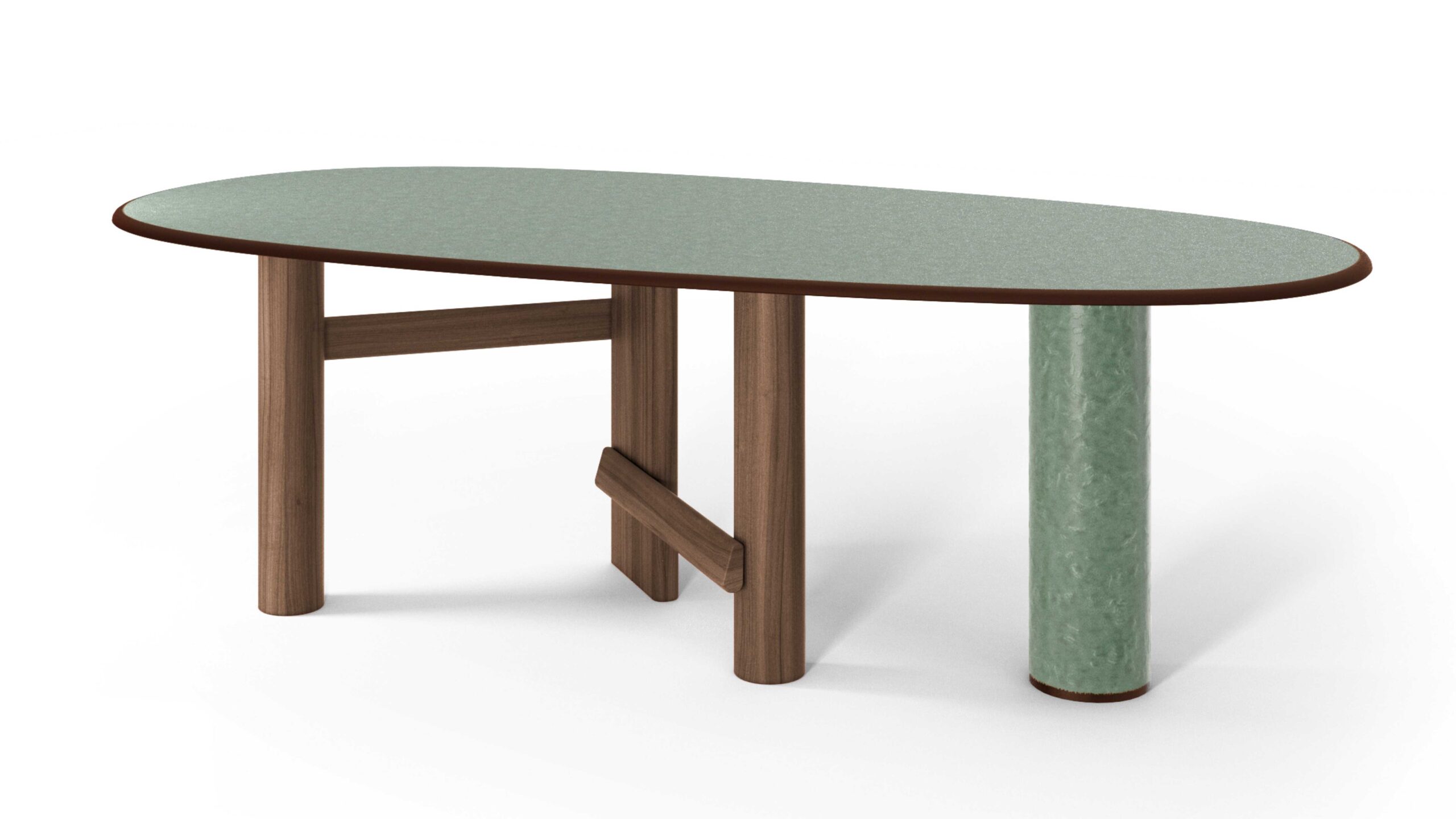 Sengu Table được hoàn thiện với gỗ óc chó Mỹ và mặt đá Verde Alpi nguyên khối