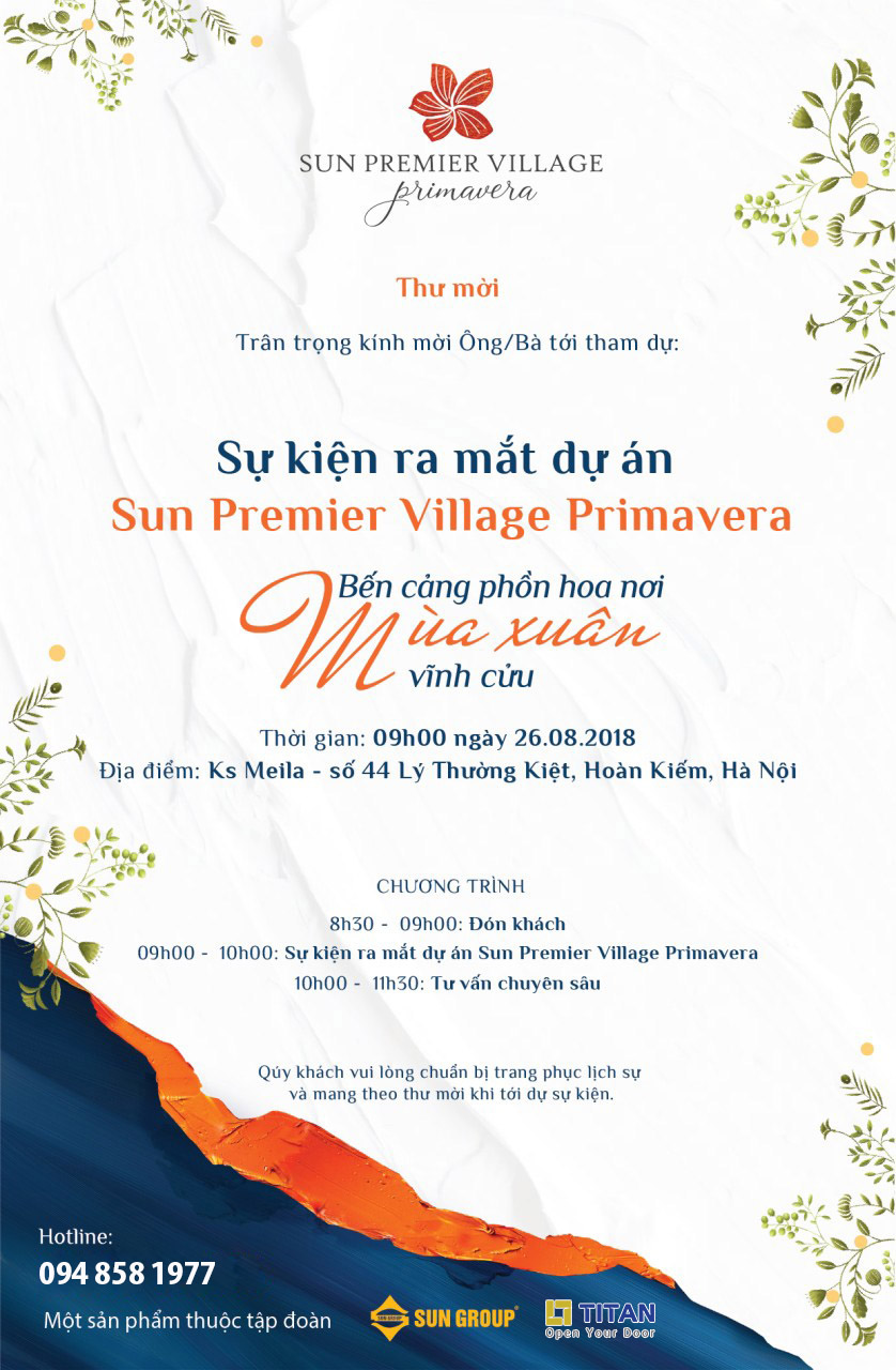 Thư mời sự kiện ra mắt dự án Sun Premier Viillage Primavera - Bến cảng phồn hoa, nơi mùa xuân vĩnh cửu