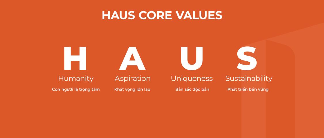 HAUS được hình thành trên bốn giá trị cốt lõi: Humanity, Aspiration, Uniqueness và Sustainability