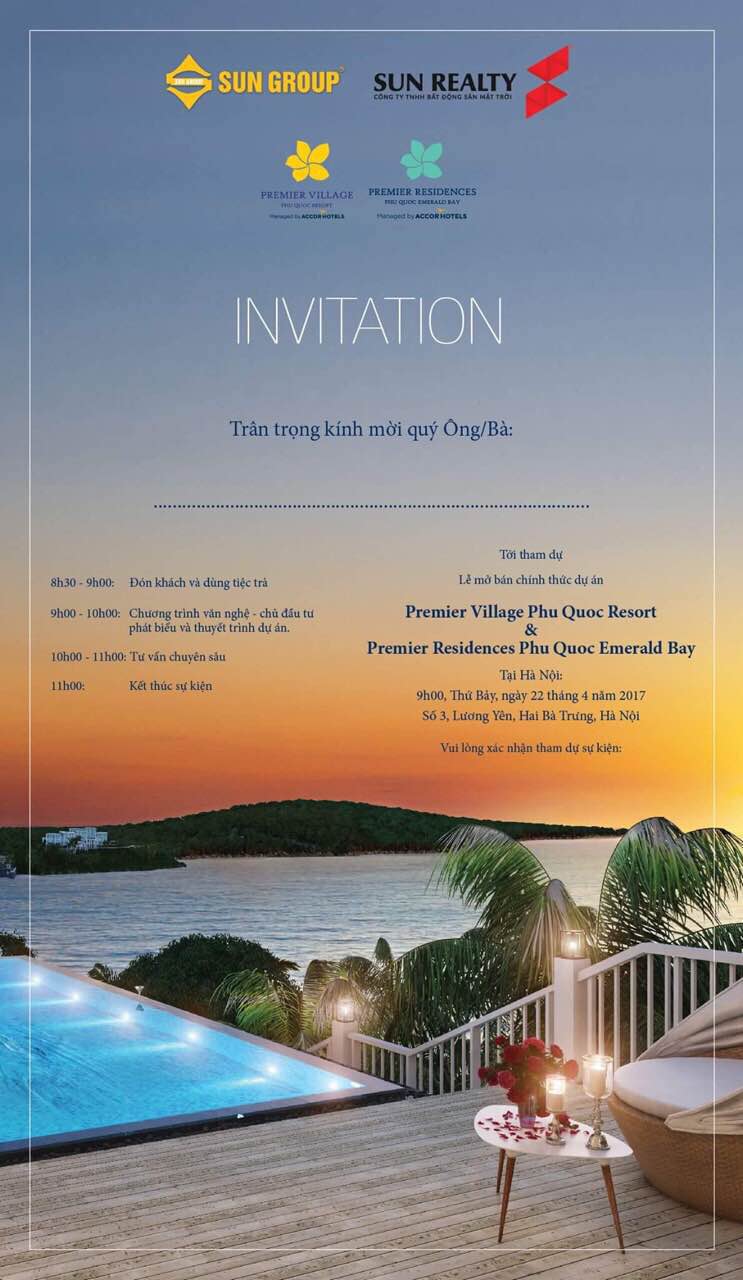 Thư mời tham dự lễ mở bán tòa S3 dự án Premier Residences Phu Quoc Emerald Bay 